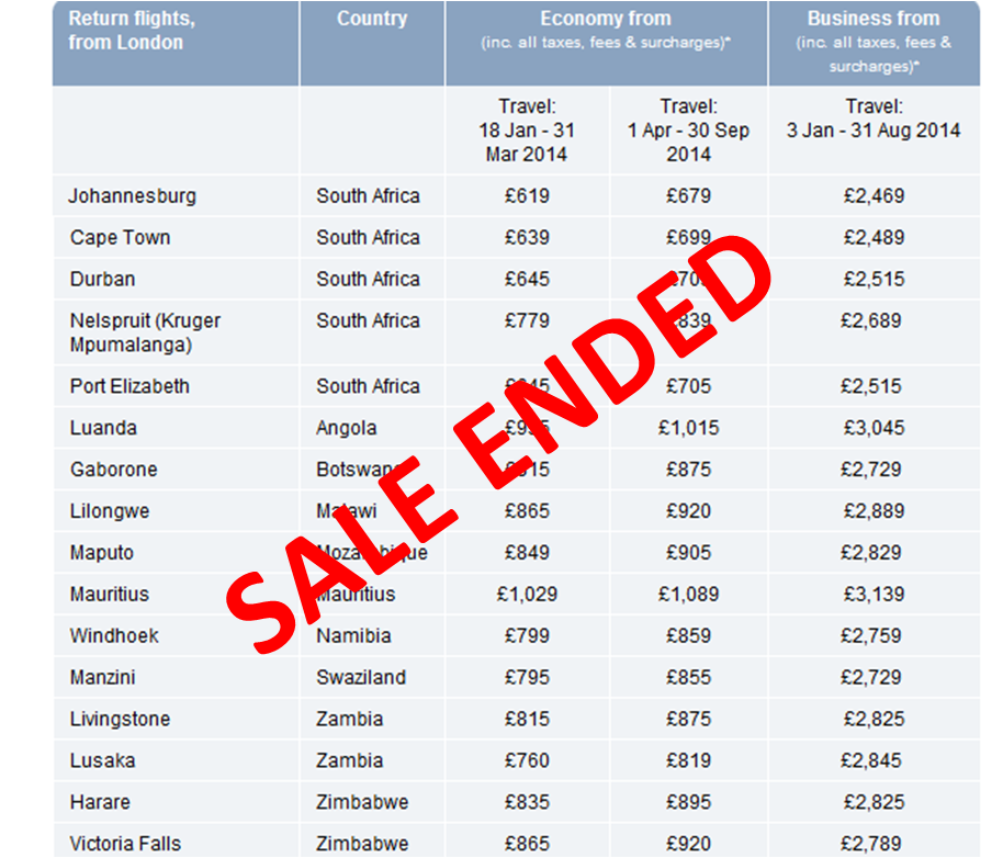 Economy Sale January 2014 South African Airways 